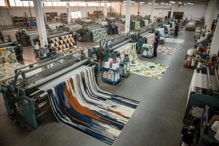 Patterned carpet running off the looms across the factory floor